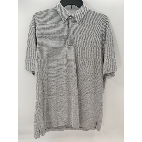 01. Algo Mens Striped Polo Gray & White Shirt Short Sleeve Casual Athleisure - Picture 1 of 4